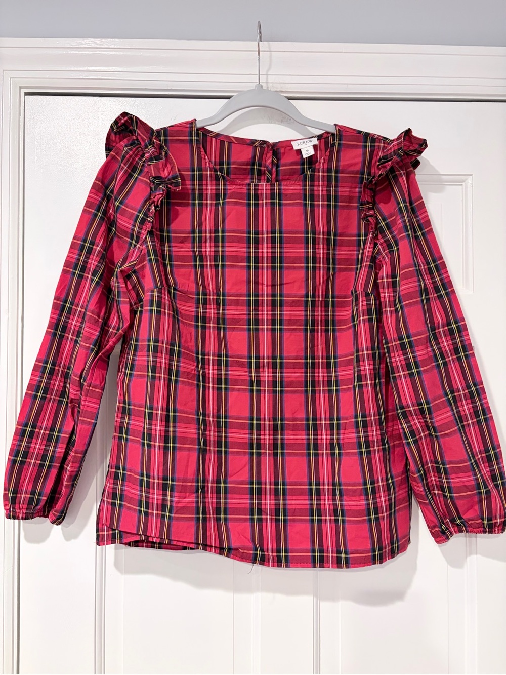 J.Crew Red Tartan Plaid Ruffle Shoulder Long Sleeve Blouse Top Size Small